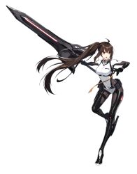 Rule 34 | 1girl, bodysuit, brown hair, counter:side, full body, greatsword, highres, holding, holding sword, holding weapon, lee sooyeon, legs, long hair, official art, red eyes, side ponytail, solo, standing, standing on one leg, sword, transparent background, very long hair, weapon