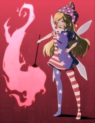 Rule 34 | 1girl, american flag dress, american flag legwear, anime coloring, blonde hair, clownpiece, fairy wings, fire, gradient background, grin, hand on own hip, hat, jester cap, long hair, neck ruff, one eye closed, pantyhose, pink background, pink fire, red eyes, sharp teeth, short sleeves, smile, solo, standing, striped clothes, striped pantyhose, teeth, tenkomori (bug kura), torch, touhou, very long hair, wings
