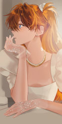 Rule 34 | 1girl, blue eyes, chain, chain necklace, commentary request, dress, earrings, gloves, hair between eyes, hair ribbon, head rest, highres, jewelry, korean commentary, long hair, looking to the side, nani (s2 nani), necklace, neon genesis evangelion, orange hair, parted lips, pearl earrings, pearl necklace, profile, puffy short sleeves, puffy sleeves, ribbon, see-through, see-through gloves, short sleeves, solo, souryuu asuka langley, two side up, upper body, white dress, white ribbon