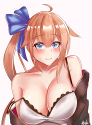 Rule 34 | 1girl, absurdres, ahoge, airbo, artist name, blonde hair, blue eyes, blue ribbon, blush, breasts, cleavage, fal (girls&#039; frontline), girls&#039; frontline, hair between eyes, highres, large breasts, long hair, off shoulder, ribbon, signature, solo, strap slip, upper body, white background