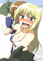 Rule 34 | &gt;:d, 2girls, :d, artist name, bikini, blonde hair, blue eyes, blurry, blurry background, blush, breasts, cleavage, clenched hand, clothes grab, collarbone, highres, jennifer j deblanc, looking at viewer, makaze (t-junction), marian e. carl, medium breasts, military, military vehicle, motor vehicle, multiple girls, noble witches, open mouth, pov, smile, strike witches, swimsuit, tank, tears, teeth, upper body, v-shaped eyebrows, vehicle, world witches series