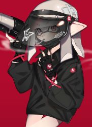 Rule 34 | 1girl, absurdres, bad id, bad twitter id, black gloves, black jacket, blunt bangs, blunt ends, cigarette, commentary, english text, fingerless gloves, gloves, grey hair, gun, highres, holding, holding gun, holding weapon, inkling, inkling girl, inkling player character, jacket, logo, looking at viewer, medium hair, nintendo, octoshot (splatoon), pointy ears, red background, red eyes, simple background, smoking, solo, splatoon (series), splatoon 2, standing, tentacle hair, unitoon, weapon, welding mask