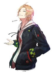 Rule 34 | 1boy, badge, black hoodie, blonde hair, closed eyes, forehead, grin, hand in pocket, hood, hoodie, k-suwabe, kanda shouichi, looking at viewer, male focus, nijisanji, open clothes, open hoodie, outstretched hand, shirt, simple background, sketch, smile, solo, twitter username, upper body, virtual youtuber, white background, white shirt