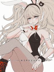 Rule 34 | 1girl, animal ears, bare shoulders, bear hair ornament, black leotard, boots, bow, bowtie, breasts, cleavage, closed mouth, collarbone, criis-chan, danganronpa: trigger happy havoc, danganronpa (series), detached collar, enoshima junko, fake animal ears, fishnet pantyhose, fishnets, hair ornament, hand up, knee boots, large breasts, leotard, long hair, looking at viewer, nail polish, official alternate costume, pantyhose, playboy bunny, red bow, red bowtie, red nails, simple background, smile, solo, twintails, two-tone leotard, white background, white leotard, wrist cuffs