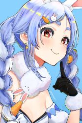 Rule 34 | 1girl, absurdres, animal ear fluff, animal ears, arm garter, artist name, black gloves, black leotard, blue hair, blush, braid, breasts, carrot earrings, carrot hair ornament, cleavage, closed mouth, commentary, don-chan (usada pekora), dress, earrings, food-themed earrings, food-themed hair ornament, food themed earrings, from side, fur-trimmed gloves, fur trim, gloves, hair ornament, hairclip, highres, hololive, jewelry, leotard, leotard under clothes, light blue hair, long hair, looking at viewer, multicolored hair, oonouni, parted bangs, pointing, pointing at self, rabbit-shaped pupils, rabbit ears, rabbit hair ornament, red eyes, sidelocks, simple background, small breasts, smile, solo, strapless, strapless dress, symbol-only commentary, symbol-shaped pupils, thick eyebrows, twin braids, twintails, two-tone hair, upper body, usada pekora, usada pekora (1st costume), virtual youtuber, white dress, white hair