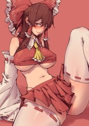 Rule 34 | 1girl, ascot, bad id, bad twitter id, blush, bow, breasts, brown eyes, brown hair, detached sleeves, hair bow, hair tubes, hakurei reimu, large breasts, long hair, looking at viewer, midriff, miniskirt, navel, panties, red background, revealing clothes, ribbon, ribbon-trimmed legwear, ribbon trim, sexually suggestive, shadow, simple background, skirt, smile, solo, stank, thick thighs, thighs, thong, tight clothes, touhou, underboob, underwear, white panties, yellow ascot