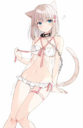 Rule 34 | 1girl, animal ears, babydoll, bare arms, bare shoulders, blue eyes, blush, bow, bow panties, breasts, cat ears, cat girl, cat tail, chain, closed mouth, collar, collarbone, feet out of frame, frilled panties, frills, frown, gluteal fold, groin, hair ornament, lingerie, looking at viewer, lowleg, lowleg panties, medium hair, navel, original, panties, pink bow, pink ribbon, ribbon, see-through, silver hair, simple background, small breasts, solo, stomach, tail, thigh strap, thighs, underwear, underwear only, untying, white background, white panties, yon (letter)