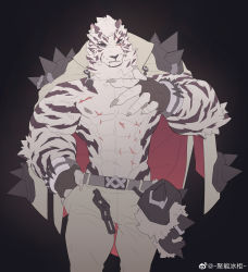 Rule 34 | 1boy, abs, absurdres, animal ears, arknights, bara, bare pectorals, blood, chain, chain necklace, feet out of frame, fingernails, flat color, furry, furry male, highres, jacket, jacket on shoulders, jewelry, ju neng binggui, looking at viewer, male focus, mountain (arknights), muscular, muscular male, necklace, nipples, pants, pectorals, scar, scar across eye, scar on face, sharp fingernails, short hair, solo, stomach, tail, thighs, tiger boy, tiger ears, tiger tail, veins, white fur, white pants