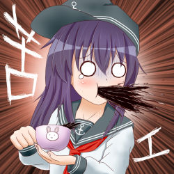 Rule 34 | 1girl, akatsuki (kancolle), amezuku, anchor symbol, black hat, coffee, coffee cup, commentary request, cup, disposable cup, fingernails, flat cap, hair between eyes, hat, holding, holding cup, kantai collection, long sleeves, looking away, looking to the side, neckerchief, o o, purple hair, red neckerchief, school uniform, serafuku, shirt, sideways hat, solo, spit take, spitting, sweat, teardrop, translation request, turn pale, white shirt