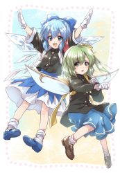 Rule 34 | 2girls, armband, black jacket, blue bow, blue dress, blue eyes, blue footwear, blue hair, bow, brown footwear, cirno, clenched hand, commentary request, commission, daiyousei, dress, fairy, fairy wings, fighting stance, floating, gakuran, gloves, green eyes, green hair, hair bow, highres, ice, ice wings, jacket, kuroi mimei, light frown, loafers, mary janes, medium dress, medium hair, multiple girls, one side up, open mouth, ouendan, school uniform, shoes, sidelocks, single horizontal stripe, skeb commission, smile, socks, tasuki, touhou, white gloves, white legwear, wings