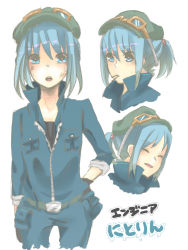 Rule 34 | 1girl, alternate costume, alternate hairstyle, blonde hair, blue eyes, blush, closed eyes, dress, goggles, goggles on headwear, hair bobbles, hair ornament, hand on own hip, kawashiro nitori, looking at viewer, mouth hold, multiple views, open mouth, pants, pocket, ponytail, profile, shirt, simple background, smile, sweatdrop, touhou, upper body, white background, yodogawa