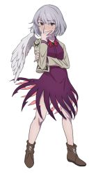Rule 34 | 1girl, blush, boots, bow, bowtie, dress, fingernails, full body, hand on own face, kishin sagume, long sleeves, looking at viewer, purple dress, red eyes, short hair, silver hair, simple background, single wing, solo, sweatdrop, touhou, toujou (toujou ramen), vest, white background, wings