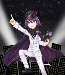 Rule 34 | 1boy, black hair, building, cape, checkered clothes, checkered scarf, chiem, danganronpa (series), danganronpa v3: killing harmony, extra digits, hat, highres, male focus, open mouth, oma kokichi, peaked cap, purple eyes, purple hair, scarf, shoes, short hair, sky, skyscraper, solo, star (sky), starry sky, straitjacket