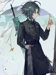 Rule 34 | 1boy, alternate costume, black hair, blue hair, chinese clothes, closed mouth, closed umbrella, facial mark, forehead mark, genshin impact, hand in pocket, highres, holding, holding leaf, leaf, long sleeves, male focus, multicolored hair, solo, tassel, umbrella, xiao (genshin impact), yellow eyes, zaso