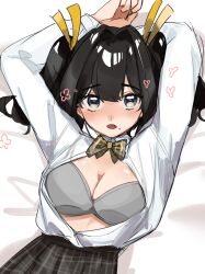 Rule 34 | 1girl, absurdres, arms up, black eyes, black hair, blush, bow, bowtie, bra, breasts, center opening, cleavage, collared shirt, fang, grey bra, hair intakes, highres, long sleeves, looking at viewer, lying, medium breasts, medium hair, mole, mole under mouth, on back, open mouth, original, shirt, shirt tucked in, solo, twintails, u no nijiart, underwear, upper body, white shirt