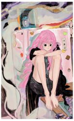Rule 34 | 1girl, abstract, barefoot, black eyes, black shorts, closed mouth, crying, drill hair, feleven, ghost, highres, long hair, looking down, magnet, oil lamp, one piece, pantyhose, perona, pink hair, print shirt, refrigerator, refrigerator magnet, shirt, shorts, sitting, socks, solo, squatting, striped clothes, striped pantyhose, stuffed toy