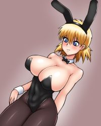 Rule 34 | 1girl, asortofcolorfag, blonde hair, blue eyes, blush, breasts, cleavage, closed mouth, colorized, donburi (donburikazoku), hellsing, huge breasts, pantyhose, playboy bunny, seras victoria, short hair, simple background, solo