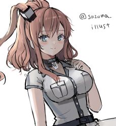 Rule 34 | 1girl, anchor necklace, artist name, belt, black belt, blue eyes, blush, breasts, brown hair, cowboy shot, dress, hair between eyes, hair ornament, hair over shoulder, hand on own shoulder, highres, jewelry, kantai collection, large breasts, long hair, looking at viewer, necklace, pocket, ponytail, saratoga (kancolle), side ponytail, sidelocks, smile, suzuma (suzuma illust), twitter username, white dress