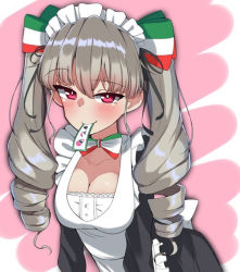 Rule 34 | 1girl, anchovy (girls und panzer), blush, breasts, cleavage, drill hair, girls und panzer, grey hair, kshimu, large breasts, looking at viewer, red eyes, smile, solo, twin drills, twintails