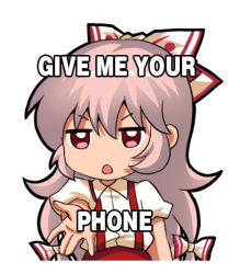Rule 34 | 1girl, bow, chibi, chinese commentary, commentary request, english text, fujiwara no mokou, hair bow, hair ornament, jitome, jokanhiyou, long hair, looking at viewer, lowres, meme, open mouth, pants, pink hair, puffy short sleeves, puffy sleeves, red eyes, red pants, shirt, short sleeves, sidelocks, simple background, solo, suspenders, touhou, v-shaped eyebrows, very long hair, white background, white bow, white shirt