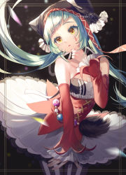 Rule 34 | 1girl, absurdres, aqua hair, blunt bangs, cat food (vocaloid), detached sleeves, facial mark, gtcockroach, hair ornament, hatsune miku, highres, hood, open mouth, pantyhose, pleated skirt, project diva (series), red sleeves, skirt, strapless, striped clothes, striped pantyhose, thighhighs, twintails, vocaloid, white skirt