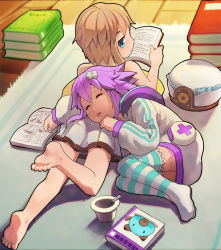 Rule 34 | 10s, 2girls, barefoot, blanc (neptunia), blue eyes, book, book stack, brown hair, closed eyes, d-pad, dress, drooling, feet, female focus, hair ornament, hat, head on ass, hood, hoodie, light smile, looking back, lying, multicolored clothes, multicolored socks, multicolored thighhighs, multiple girls, neptune (neptunia), neptune (series), no pants, on side, on stomach, pink hair, purple hair, saliva, segamark, short hair, sleeping, smile, socks, soles, striped clothes, striped socks, striped thighhighs, thighhighs, toes, yuri