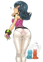 Rule 34 | 00s, 1girl, alternate costume, angry, ass, black hair, breasts, camisole, covered erect nipples, creatures (company), flipped hair, from behind, game freak, gen 2 pokemon, gym leader, leaning forward, looking back, medium breasts, nintendo, pants, pantylines, poke ball, pokemon, pokemon (creature), pokemon hgss, purple eyes, quagsire, sabrina (pokemon), slugma, sweat, tagane, thigh gap, thighs, tight clothes, tight pants
