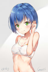 Rule 34 | 10s, 1girl, adjusting hair, bare arms, bare shoulders, blue hair, breasts, character name, cleavage, closed mouth, collarbone, darling in the franxx, dated, ginn (hzh770121), green eyes, hair ornament, hairclip, hand in own hair, highres, ichigo (darling in the franxx), light, navel, raised eyebrows, short hair, signature, small breasts, smile, solo, tareme, upper body