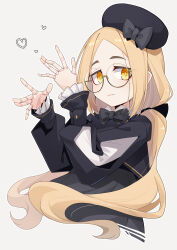Rule 34 | 1girl, beret, black bow, black hat, blonde hair, bow, closed mouth, commentary request, cropped torso, doll joints, forehead, frilled sleeves, frills, glasses, green-framed eyewear, grey background, hat, hat bow, heart, highres, iberis (ogami kazuki), joints, long hair, long sleeves, looking at viewer, low twintails, ogami kazuki, orange eyes, original, parted bangs, pointy ears, puffy long sleeves, puffy sleeves, round eyewear, semi-rimless eyewear, simple background, sleeves past wrists, solo, thick eyebrows, twintails, under-rim eyewear, upper body, very long hair