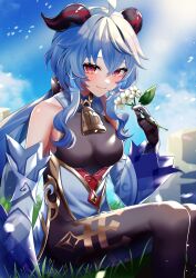 Rule 34 | 1girl, absurdres, bell, black gloves, blue hair, detached sleeves, ganyu (genshin impact), genshin impact, gloves, highres, horns, light blue hair, looking at viewer, om rm1101, red eyes, smile, solo