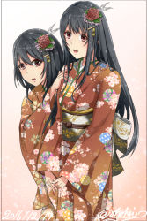Rule 34 | 10s, aga marino, alternate costume, alternate headwear, black hair, commentary request, floral print, flower, furisode, fusou (kancolle), hair between eyes, hair flower, hair ornament, japanese clothes, kantai collection, kimono, long hair, looking at viewer, multiple girls, obi, open mouth, red eyes, sash, short hair, wide sleeves, yamashiro (kancolle)