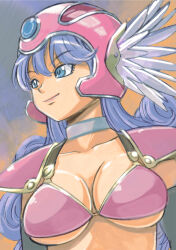 Rule 34 | 1girl, absurdres, armor, bikini armor, blue eyes, blue pupils, breasts, cleavage, closed mouth, collarbone, curly hair, dragon quest, dragon quest iii, eyelashes, helmet, highres, large breasts, light purple hair, long hair, muramasa mikado, official style, pauldrons, pink armor, pink headwear, pink lips, shoulder armor, smile, soldier (dq3), solo, toriyama akira (style), underboob, upper body, winged helmet