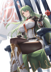 Rule 34 | 1girl, azur lane, black gloves, boots, breasts, brown pantyhose, cape, commentary request, crossed legs, cuboon, dutch angle, flag, floating hair, flower, gloves, gold trim, green hair, holding, holding flower, knee boots, large breasts, littorio (azur lane), long hair, long sleeves, looking at viewer, multicolored hair, necktie, one eye closed, orange eyes, pantyhose, parted lips, red flower, red necktie, rose, simple background, sitting, smile, solo, streaked hair, thighs, throne, tiara, twitter username, white background, white footwear