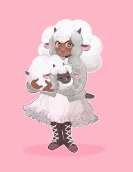 Rule 34 | 1girl, animal, animal ears, black eyes, black horns, blush, brown footwear, colored sclera, commentary, creatures (company), cross-laced footwear, dark-skinned female, dark skin, dress, english commentary, erin (honey glows), full body, game freak, gen 8 pokemon, grey hair, highres, holding, holding animal, horns, looking at viewer, multicolored hair, nintendo, pink background, pokemon, pokemon (creature), sheep ears, solo, standing, tail, twitter username, two-tone hair, wooloo, yellow sclera