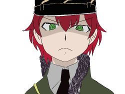 Rule 34 | 10s, 1girl, asparagus (girls und panzer), collaboration request, colorized, girls und panzer, girls und panzer ribbon no musha, green eyes, hat, kamonabe (sodosodobanban), military, military hat, military uniform, recolored, red hair, scarf, simple background, solo, uniform, vichy, white background