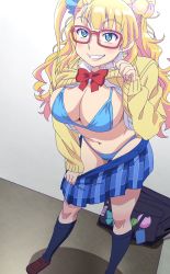 Rule 34 | 1girl, :d, absurdres, bikini, blonde hair, blue bikini, blue eyes, blush, breasts, cleavage, clothes lift, clothes pull, curvy, fang, galko, glasses, highres, large breasts, navel, open mouth, oshiete! galko-chan, plaid, plaid skirt, pleated skirt, red-framed eyewear, school uniform, serafuku, shirt lift, skirt, skirt pull, smile, solo, stomach, swimsuit, teasing, teeth