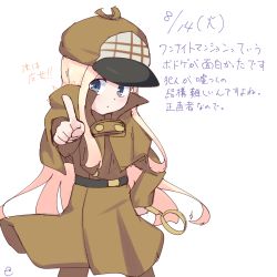 Rule 34 | 1girl, abigail williams (fate), alternate costume, alternate headwear, bad id, bad pixiv id, blonde hair, blue eyes, blush, brown capelet, brown coat, brown hat, brown pants, cabbie hat, capelet, closed mouth, coat, dated, detective, fate/grand order, fate (series), hand on own hip, hat, holding, holding magnifying glass, kujou karasuma, long hair, long sleeves, looking at viewer, magnifying glass, outstretched arm, pants, pointing, pointing at viewer, signature, simple background, sketch, solo, translation request, very long hair, white background