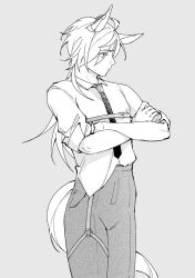 Rule 34 | 1girl, air shakur (umamusume), alternate costume, animal ears, belt, closed mouth, collared shirt, cowboy shot, crossed arms, flat chest, greyscale, horse ears, horse girl, horse tail, iner (shakur mom), long hair, looking to the side, monochrome, necktie, pants, shirt, shirt partially tucked in, sleeves pushed up, solo, standing, tail, umamusume