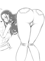 Rule 34 | 1girl, ass, bent over, blush, breasts, cameltoe, denim, heart, highres, huge ass, jeans, knees together feet apart, large breasts, legs, long hair, looking at viewer, looking back, mikanberry, monochrome, nico robin, one piece, pants, pussy, smile, thick thighs, thighs, wide hips