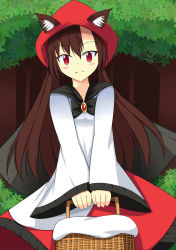 Rule 34 | 1girl, absurdres, animal ears, anna sakura, basket, blush, blush stickers, brown hair, cape, cosplay, fang, hat, highres, imaizumi kagerou, irony, little red riding hood, long hair, looking at viewer, red eyes, smile, solo, touhou, v arms, wide sleeves, wolf ears