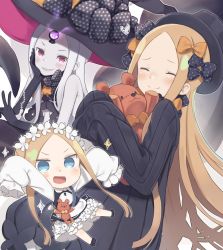 Rule 34 | 1girl, :d, abigail williams (fate), abigail williams (third ascension) (fate), black bow, black dress, black footwear, black gloves, black headwear, blonde hair, blue eyes, blush, bow, bug, butterfly, butterfly hair ornament, chibi, closed eyes, closed mouth, colored skin, commentary request, dress, elbow gloves, fate/grand order, fate (series), forehead, gloves, grey skin, grin, hair bow, hair ornament, hat, hat bow, highres, insect, keyhole, long hair, long sleeves, multiple views, hugging object, official alternate costume, open mouth, orange bow, parted bangs, polka dot, polka dot bow, print bow, red eyes, sharp teeth, shirt, shoes, sleeveless, sleeveless dress, sleeves past fingers, sleeves past wrists, smile, sparkle, star (symbol), star print, stuffed animal, stuffed toy, teddy bear, teeth, totatokeke, v, v-shaped eyebrows, very long hair, white hair, white shirt, witch hat