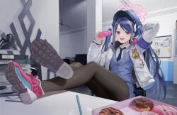 Rule 34 | 1girl, arm behind head, arm up, black pantyhose, blue archive, blue hair, blue hat, blue necktie, blue shirt, blue vest, book, book stack, collared shirt, commentary, crossed legs, desk lamp, doughnut, feet on table, food, fubuki (blue archive), halo, hat, highres, holding, holding food, indoors, jacket, lamp, legs, legs on table, long hair, looking at viewer, multicolored hair, necktie, open clothes, open jacket, pantyhose, pastry box, pink eyes, pink footwear, pink halo, police, police hat, police uniform, policewoman, shadow, shirt, shoes, sitting, sneakers, solo, streaked hair, sunj000, twintails, two-tone hair, uniform, vest, white hair, white jacket, white shirt