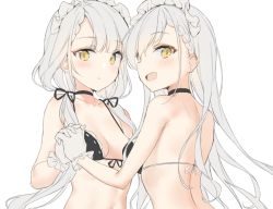 Rule 34 | 2girls, back, bad id, bad twitter id, bare back, bikini, black bikini, black choker, black ribbon, blunt bangs, blush, choker, commentary request, frilled gloves, frills, gloves, hair ribbon, holding hands, interlocked fingers, long hair, looking at viewer, looking back, low twintails, maid headdress, multiple girls, parted lips, ribbon, sabet (young ouo), silver hair, simple background, smile, swimsuit, twintails, unfinished, upper body, white background, white gloves, yellow eyes