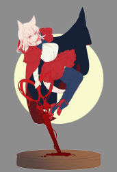 Rule 34 | 1girl, animal ear fluff, animal ears, blonde hair, blood, blue bow, blue thighhighs, blush, bow, capelet, cloak, closed mouth, eyes visible through hair, figure stand, frilled capelet, frilled skirt, frills, full moon, grey background, hair between eyes, hemokinesis, high heels, highres, holding, holding scissors, holding weapon, hood, hood down, hooded capelet, little red riding hood, little red riding hood (grimm), looking at viewer, medium hair, moon, multicolored cloak, multicolored clothes, multicolored hair, original, oshiruko (tsume), outline, red capelet, red cloak, red eyes, red footwear, red hair, red skirt, scissors, simple background, skirt, smile, solo, streaked hair, tabletop rpg, tail, thighhighs, two-tone cloak, weapon, white outline, wolf ears, wolf girl, wolf tail