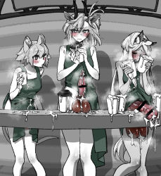 Rule 34 | 3girls, animal ears, animal penis, apron, arknights, bar censor, blush, bulge, censored, click (arknights), closed eyes, cum, cum in container, cum in cup, earthspirit (arknights), embarrassed, erection, erection under clothes, futanari, heavyrain (arknights), horns, horse ears, horse penis, horse tail, huge penis, long hair, meme, mirin chikuwa, mouse ears, mouse tail, multiple girls, naked apron, penis, penis size difference, short hair, tail, testicles