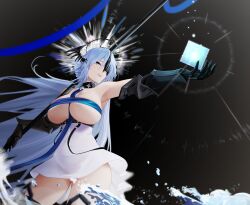 Rule 34 | 1girl, absurdres, alsace (azur lane), armored legwear, armpits, azur lane, bare shoulders, belt, between breasts, black background, black belt, black gloves, black thighhighs, black tiara, blue eyes, blue hair, breast strap, breastless clothes, breasts, cleavage, collarbone, commentary, convenient censoring, cowboy shot, detached collar, dress, english commentary, eye mask, gauntlets, gloves, hair ornament, half mask, headgear, highres, holding, holding staff, large breasts, light particles, long hair, mask, outstretched arm, parted bangs, parted lips, ribbon, scarfpen01, sidelocks, skindentation, solo, staff, standing, strap between breasts, thighhighs, tiara, underbust, very long hair, white dress, wisdom cube (azur lane)