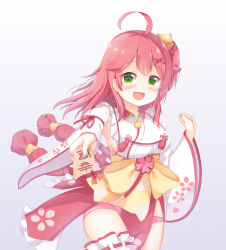 Rule 34 | 1girl, absurdres, ahoge, blush, breasts, bridal garter, cherry blossom print, floral print, grandapple71, green eyes, groin, highres, hololive, long hair, looking at viewer, open mouth, panties, paw print, paw print pattern, pink hair, pink panties, sakura miko, sakura miko (1st costume), sideboob, solo, underwear, virtual youtuber