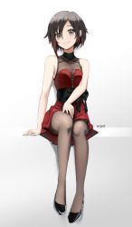Rule 34 | 1girl, ar jart, artist name, black hair, breasts, cleavage, dress, grey eyes, high heels, multicolored hair, official alternate costume, pantyhose, red dress, red hair, ruby rose, rwby, see-through, see-through cleavage, short hair, sleeveless, sleeveless dress, solo, white background