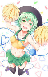 Rule 34 | arms up, bare shoulders, black headwear, black thighhighs, blush, breasts, brown footwear, cheerleader, clothes lift, collarbone, curvy, from above, full body, ganbare ganbare (itou life), green eyes, green hair, green skirt, hair between eyes, heart, heart background, heart of string, highres, jumping, komeiji koishi, legs, looking at viewer, medium hair, midriff, miniskirt, nagomian, navel, open mouth, pom pom (cheerleading), round teeth, simple background, skirt, skirt lift, small breasts, smile, sports bra, sportswear, sweat, teeth, thighhighs, third eye, touhou, upper teeth only, wavy hair, white background, zettai ryouiki