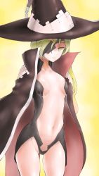 Rule 34 | 1girl, blonde hair, breasts, eyepatch, fenrinuse, gluteal fold, green eyes, groin, hat, long hair, navel, othinus, small breasts, solo, thighs, toaru majutsu no index, toaru majutsu no index: new testament, witch hat, yellow background, yellow eyes